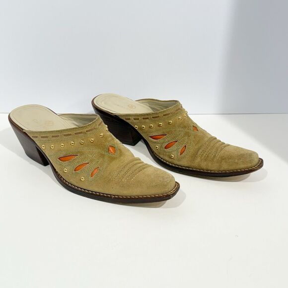 Cole Haan Womens Heels Mules D18363 US 8.5 B Tan Suede Slip-on Studded Leather - Picture 2 of 16
